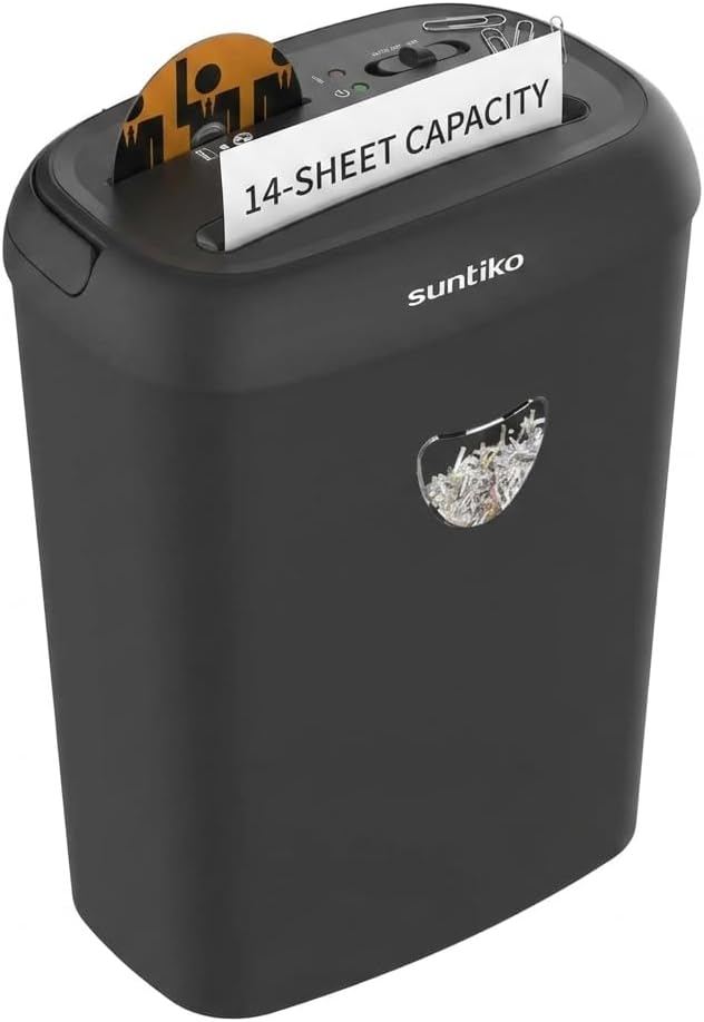 Suntiko 14-Sheet Cross Cut Heavy Duty Paper Shredder for Home Office | P-4 Security Level, Jam-Proof System, 6.6Gal Bin, Shredder for CDs & Credit Card，ETL Certified